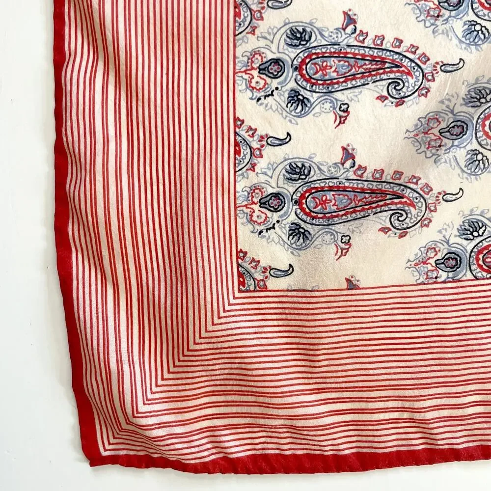 Vintage 70s Silk Square Scarf Paisley Red Ivory Old Money Quiet Luxury Parisian